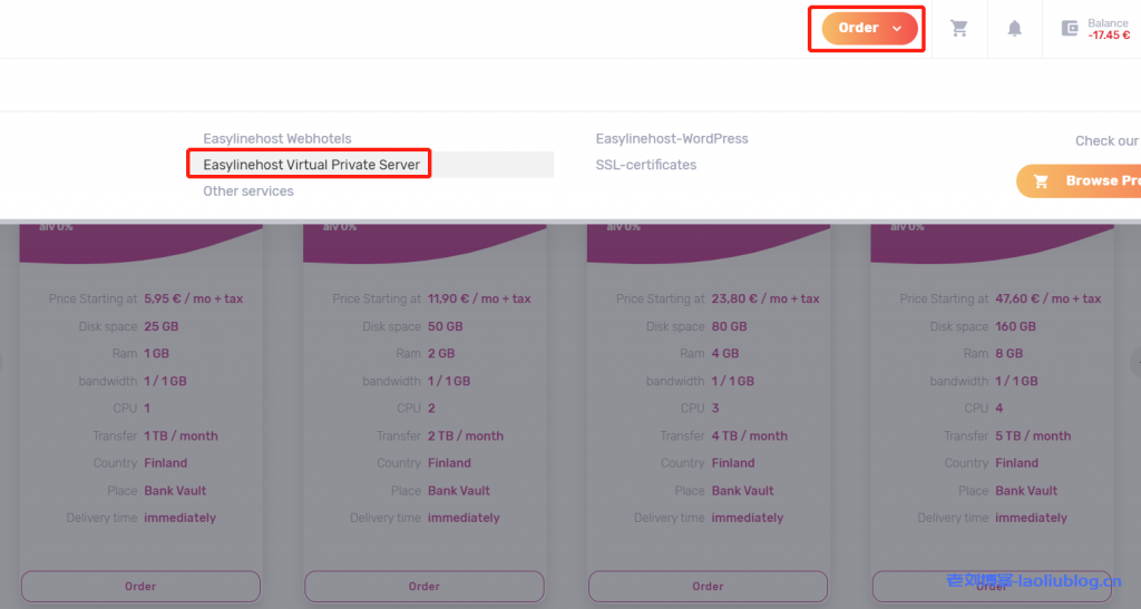easylinehost芬兰VPS：芬兰原生IP，共享G口带宽，kvm虚拟，€5.95/月/1核/1G/25G SSD/1T流量-老刘博客