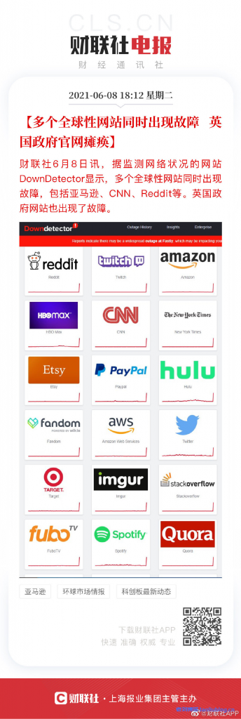 云服务商Fastly内容分发网络CDN网络故障致亚马逊、CNN等全球多家网站瘫痪,现已修复