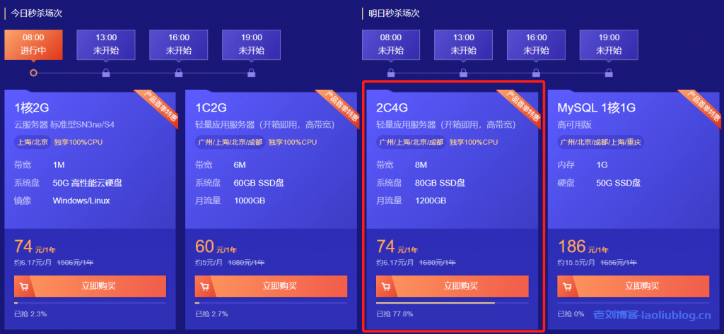 腾讯云首单限时秒杀8月30日专场，仅此一天！2C4G8M轻量应用服务器74元/1年-老刘博客