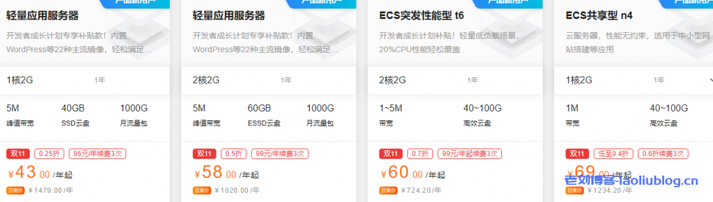 阿里云1核2G/2核2G/2核4G配置轻量服务器活动报价，阿里云轻量应用服务器优惠价格表-老刘博客