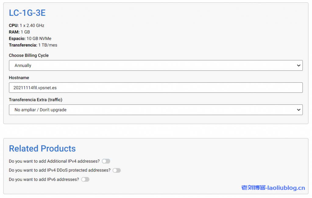 Ginernet特价年付€30套餐【LC-1G-3E】,西班牙机房,1T流量@10Gbps带宽,1核1G内存10G NVMe硬盘-老刘博客