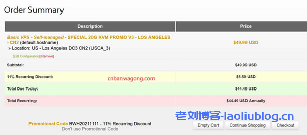 BandwagonHost搬瓦工双11优惠码发布，全场11%循环优惠折扣，年付低至$44.49-老刘博客
