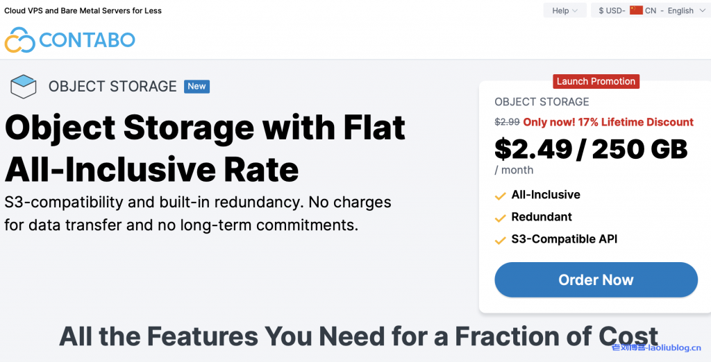 Contabo,不限流量对象存储(Object Storage),限时8折终身优惠,$2.49(250G/月),可选德国/美国/新加坡-老刘博客