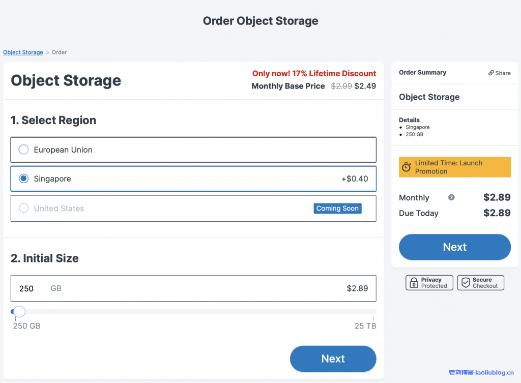 Contabo今天上线新加坡对象存储,限时83折终身优惠,2.89欧元/250G/月,最大支持到25T,不限流量