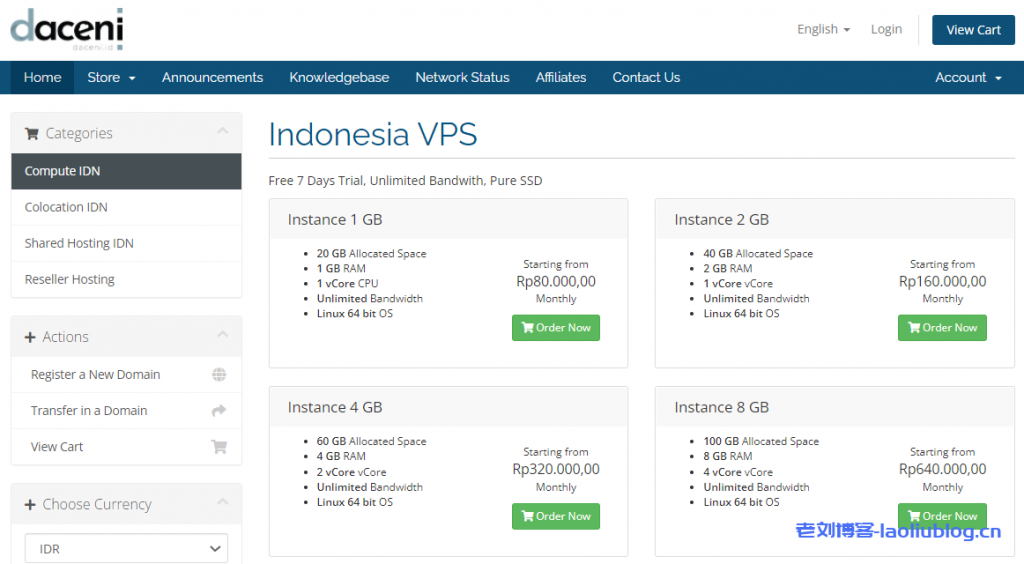 Daceni:印度尼西亚VPS,印尼原生IP,$5.7/月/1核1G内存10G SSD硬盘不限流量@100Mbps带宽-老刘博客