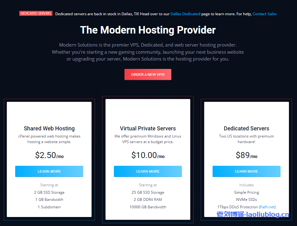 ModernSolutions美国VPS：洛杉矶/达拉斯机房，$2.5/月/1G内存/1核/25G SSD/10T流量@1Gbps带宽-老刘博客