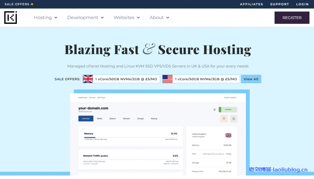 Kuroit大硬盘VPS,英国伦敦机房,£30/年/1核/1G/250GB SSD/1Gbps带宽@1T流量-老刘博客