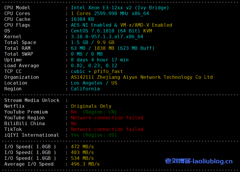 ReCloud主机测评:美国|L.A BGP|一期,美西BGP 1C2G,国内延迟、丢包率、性能和带宽、路由去回程、流媒体和TikTok检测-老刘博客