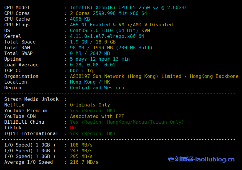 六六云香港CMI/CN2 VPS测评:国内延迟、丢包率、性能和带宽、路由去回程、流媒体和TikTok检测-老刘博客
