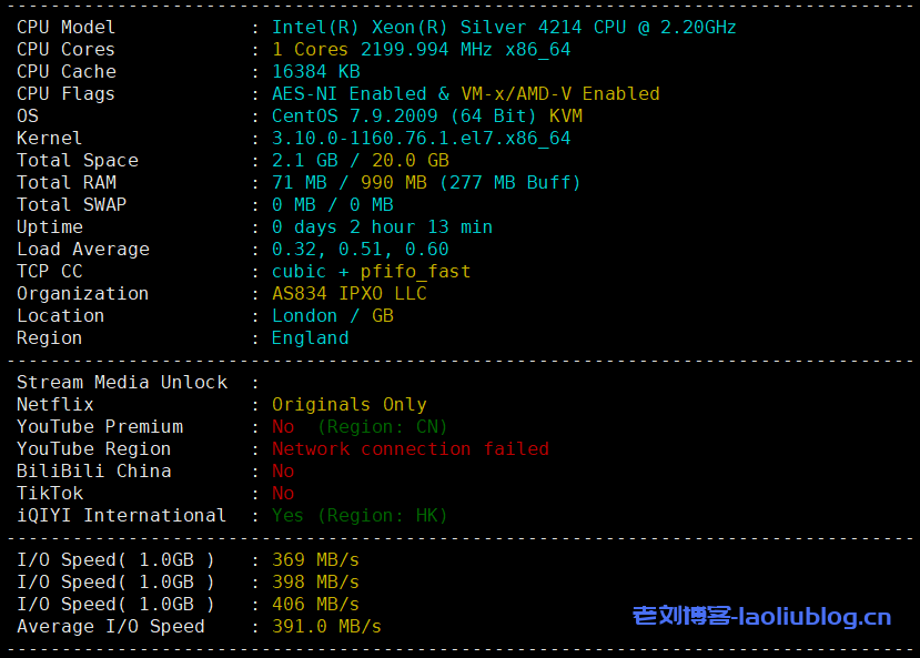 ReCloud主机测评:年付188元的英国建站1C1G优惠年付款VPS简单测评分享-老刘博客