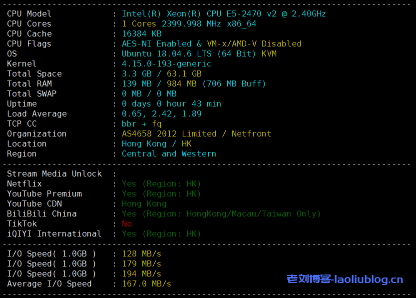 NETfront香港VPS怎么样?香港原生IP VPS,电信联通移动三网直连,低延迟64.8ms,解锁港区全部流媒体-老刘博客