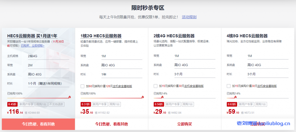 华为云双11活动薅羊毛必读！116.14元HECS云服务器（2C4G2M）买1月送1年，这样操作还能再返40元现金！-老刘博客