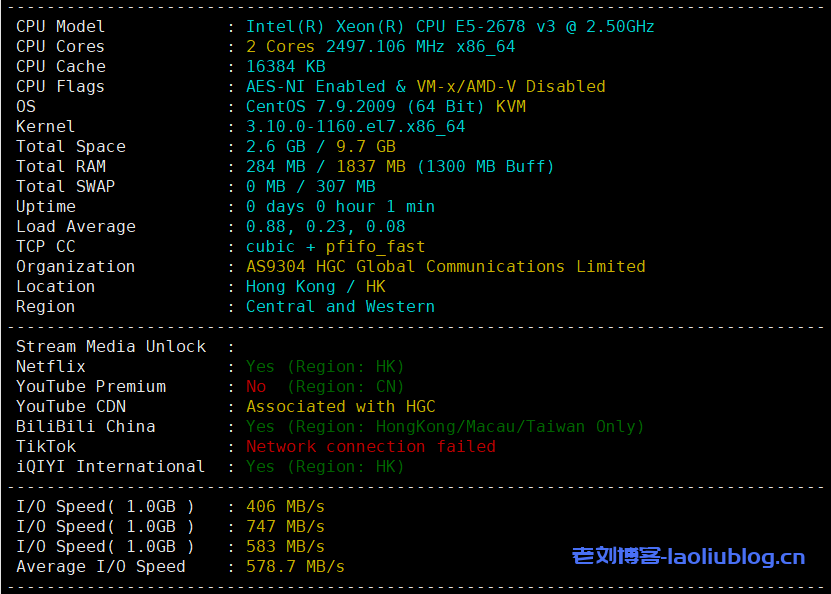 浅月云怎么样?浅月云香港|HGC Fixed|VPS测评:HGC Fixed|2C2G|300M|共享带宽,香港原生IP,解锁奈菲/迪士尼-老刘博客