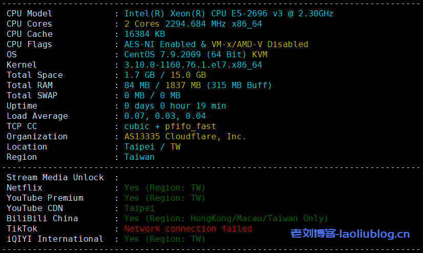 ReCloud台湾TFN主机测评：2c2g 500M不限制流量VPS，台湾原生IP，电信联通移动三网大陆优化，解锁所有台湾流媒体！-老刘博客