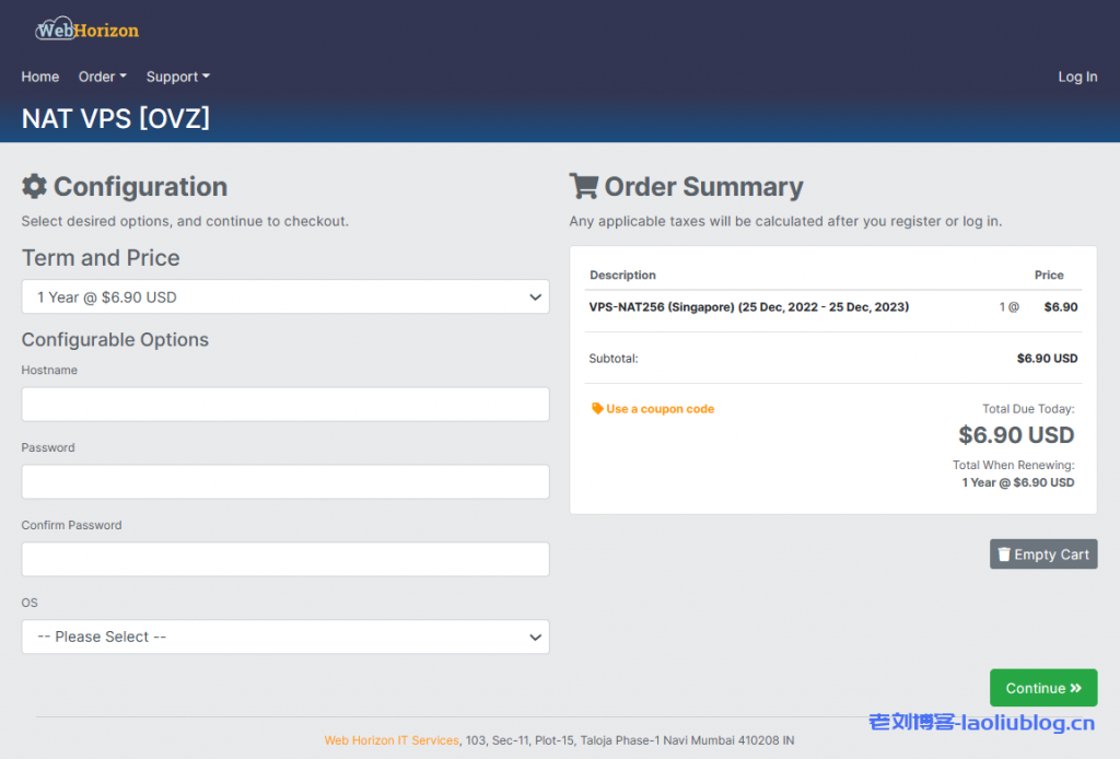 WebHorizon新加坡NAT VPS:新年特价,$4.14/年/1C/256M/4G硬盘/500G流量@1Gbps带宽-老刘博客