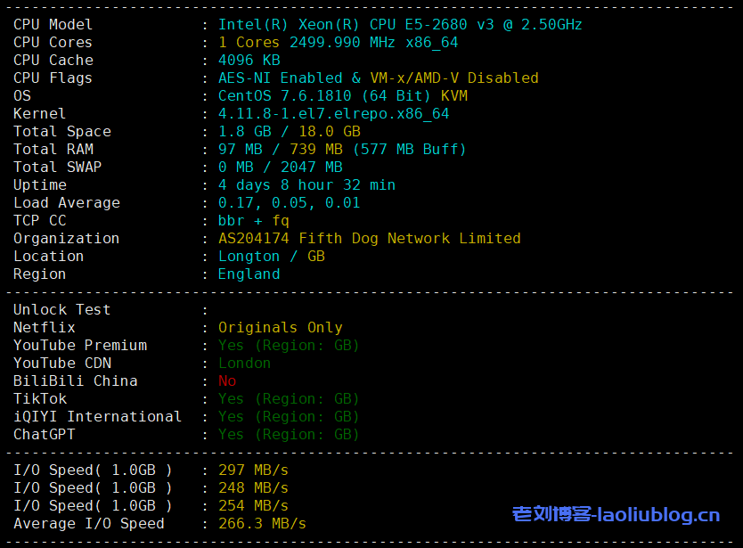 六六云怎么样？六六云英国伦敦机房VPS测评分享，英国原生IP，支持解锁tiktok和chatgpt-老刘博客