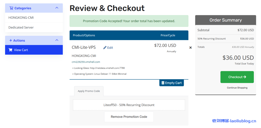 VmShell三周年放水产品：香港CMI VPS-普通IP年付36刀，1C-384MB-8GB/600GB月流量@400Mbps带宽，周年庆期间购买流量翻倍-老刘博客