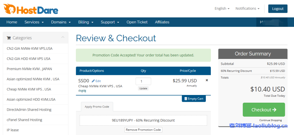 HostDare四折促销美国VPS低至$10.4/年,洛杉矶quadranet机房-老刘博客