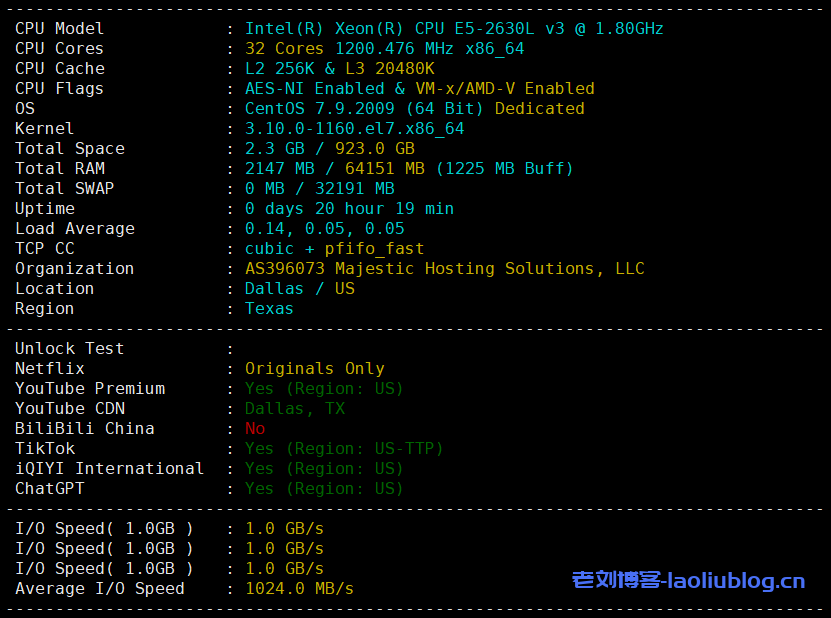服务器测评:SpinServers五一套餐,美国达拉斯服务器Dual Intel Xeon E5-2630L v3 (64GB) (1TB NVMe)-老刘博客