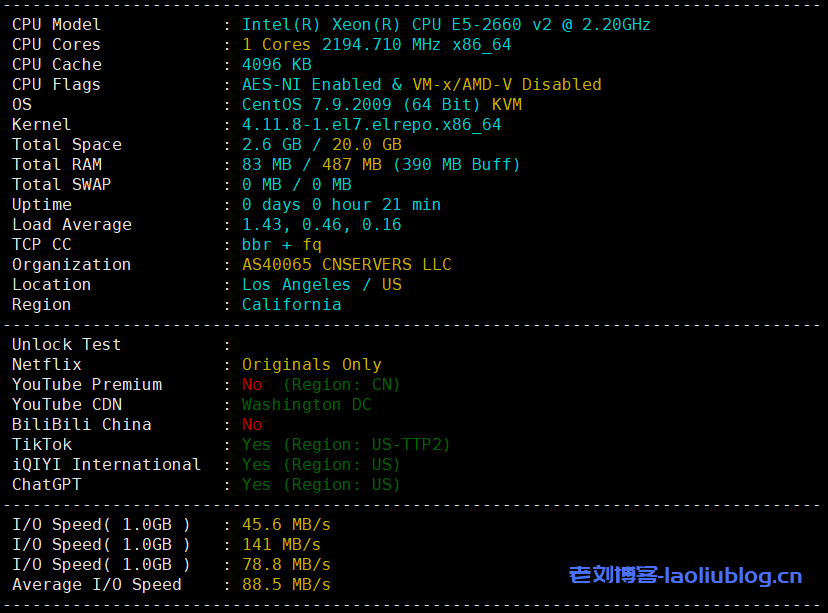 六六云怎么样?测评六六云洛杉矶4837线路VPS【美国原生IP/CU4837/G口】-老刘博客