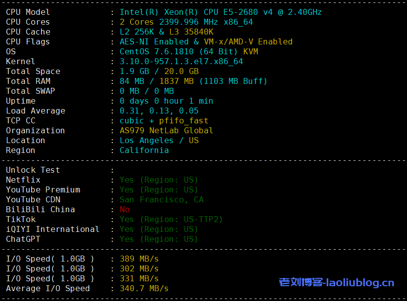 OneTechCloud怎么样?易科云美国US4837 2C2G测评,美国原生IP看视频16万+,三网速度快,回程三网强制AS4837-老刘博客