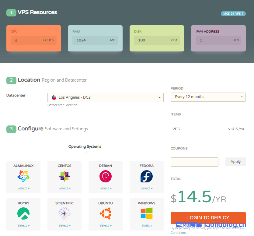CloudCone洛杉矶VPS:$14.5/年/2核/1GB内存/100GB空间/3TB流量/1Gbps端口-老刘博客
